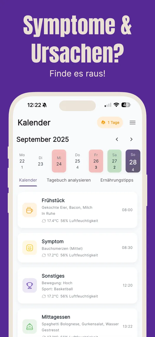 FoodLog: Symptome und Ursachen im Kalender